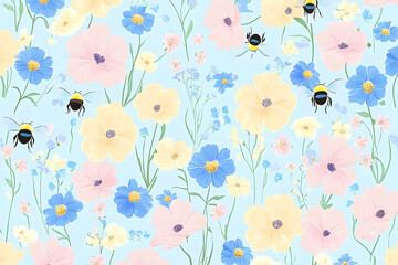 Fototapeta premium Delicate floral pattern with pastel hues and buzzing bees.