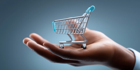 Hand hält miniatur Einkaufswagen als Symbol für E-Commerce und Online-Shopping.