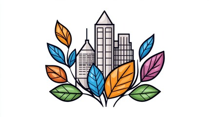 Naklejka premium Cityscape Buildings Nestled in Colorful Leaves Urban Architecture Illustration Design