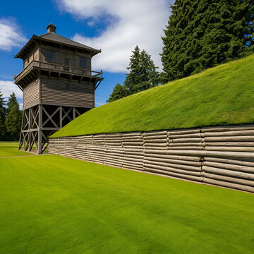 USA, Washington State, Fort Vancouver National Historic Site. Stockade wall and watchtower at the Hudson's Bay Company's Fort Vancouver.