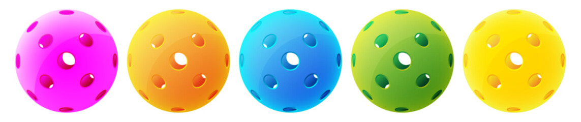 Set of pickleball ball multiple colors collection pink, orange, blue, green, yellow 3D realistic vector illustration icon symbol clipart png isolated transparent background.