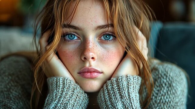 Close-up portrait of a redhead girl with freckles, thoughtful expression, indoors.  Possible use Stock photo for fashion, beauty, or lifestyle