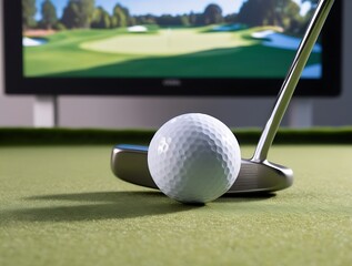 Close-up of golf ball in motion with putter on indoor green, background showing golf course screen—symbolizing virtual sports, precision, and leisure
