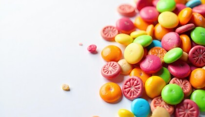 Obraz premium Pile of colorful candy and chips on white background, salty, unhealthy