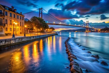 Obraz premium Lisbon Belem Tagus River Embankment Night Long Exposure Photography