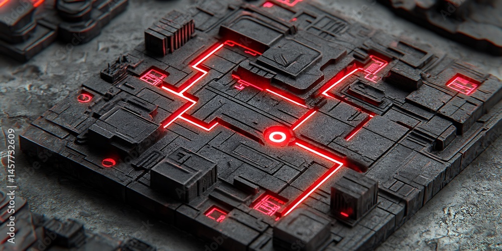 Aufkleber abstract geometric circuitry with illuminated red lines, close-up view