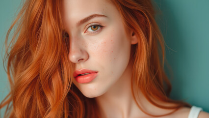 Naklejka premium Young Woman with Red Hair and Freckles Posing Against a Turquoise Background