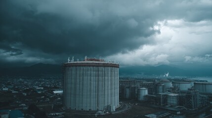 Obraz premium A dramatic industrial landscape under a stormy sky, showcasing a prominent storage facility surrounded by a sprawling city.