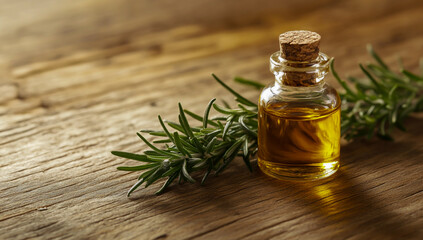 An elegant glass bottle of rosemary essential oil sits on a rustic wooden table, along with fresh sprigs of rosemary, showcasing the natural beauty and aromatic essence.