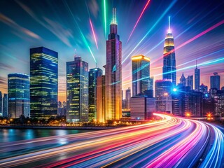 Fototapeta premium Long Exposure Light Trails on Cityscape: Business Flyer Template Design