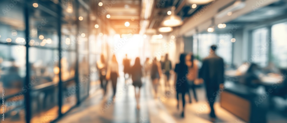 Poster blurry office scene with people walking towards a bright light, creating a warm, dynamic atmosphere 