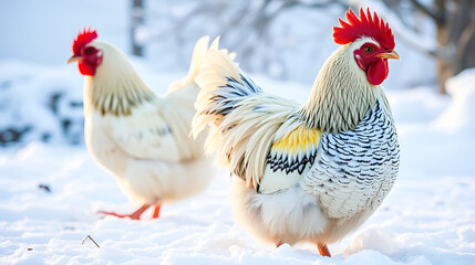 Fototapeta premium Wyandotte Hen in Winters Soft Glow, Feathers Ruffled and Bold against a Snowy Backdrop, Showcasing Majestic Beauty and Grace