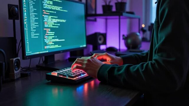 Developer Writing Code in Neon-Lit Workspace at Night