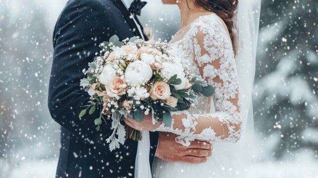 Winter wedding couple embracing bride holds elegant flower bouquet