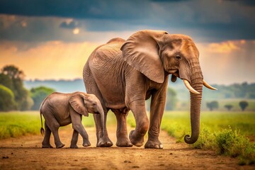 Obraz premium Loving Elephant Family: Mother & Baby Elephant Panoramic