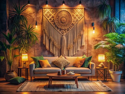 Low Light Bohemian Living Room with Intricate Macrame Wall Hanging
