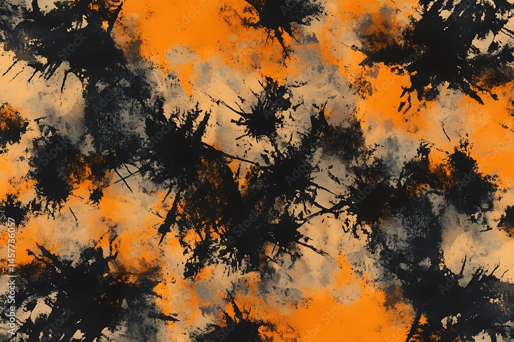 Poster bold black splashes create dynamic contrast against a textured backdrop with orange accents