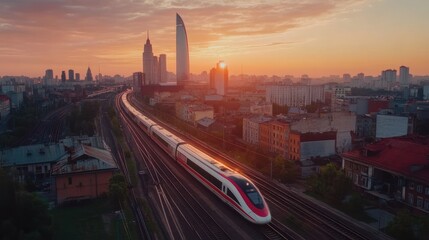 Fototapeta premium High speed train at sunrise urban landscape modern architecture railway travel