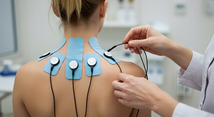 Female Patient Receiving Diagnostic Electrode Placement by Doctor on Back in Clinic