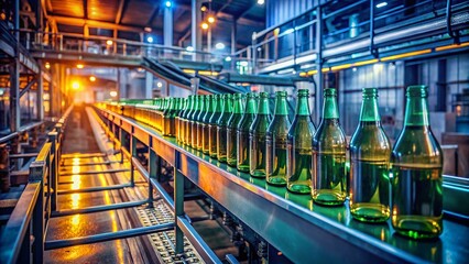 Naklejka premium Low Light Industrial Conveyor Belt with Glass Bottles - Stock Photo