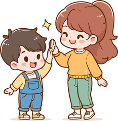 Cartoon Mom and Son Sharing a High Five