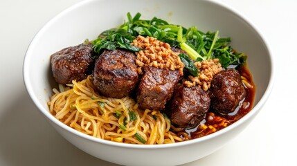 Fototapeta premium Noodles with meatballs greens and sauce
