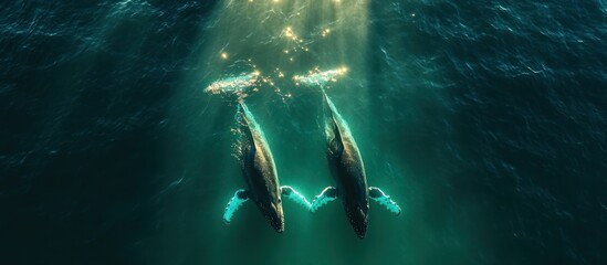 Fototapeta premium Two humpback whales swim together in sunlit ocean water.