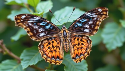 Obraz premium Colorful butterfly perched on green leaves in a natural setting.