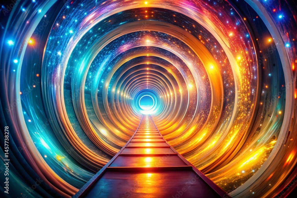 Poster luminous spiral tunnel: abstract light path with copy space
