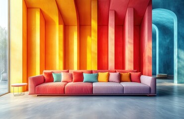 Colorful room, modern sofa, sunlit arches, relaxing interior, home decor