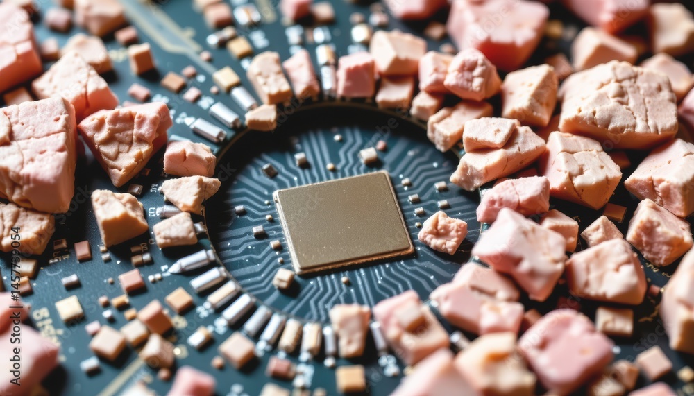 Poster close-up of a circuit board with pink chips and a central processor.
