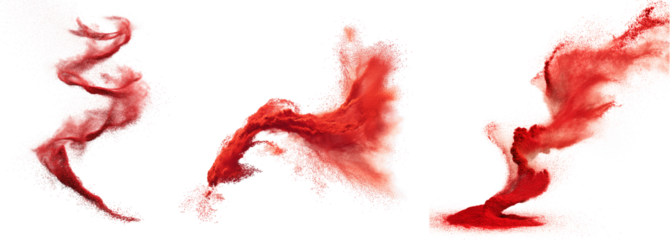 Set of red chili powder particle trails in dynamic upward motion, swirling and dispersing forms, isolated on transparent background for spicy food, recipe, or seasoning design use