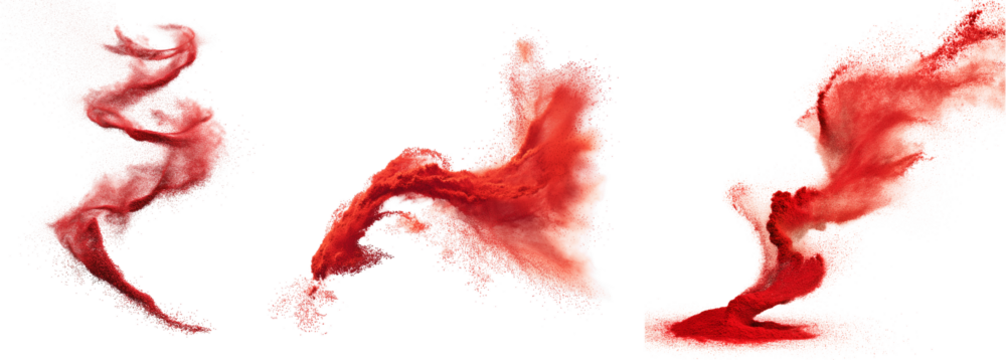 Set of red chili powder particle trails in dynamic upward motion, swirling and dispersing forms, isolated on transparent background for spicy food, recipe, or seasoning design use