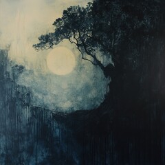 Fototapeta premium Dark Blue Night Landscape Painting with Full Moon and Tree Silhouette
