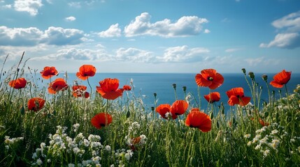 Relaxing Coastal Landscape with Meadow and Wild Poppies by the Sea