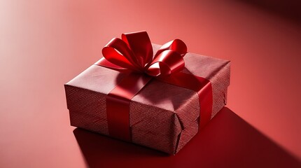 Obraz premium Elegant red gift box with shiny satin ribbon under dramatic lighting, casting a soft shadow on red background, perfect for celebration, holiday, or romantic concept design 