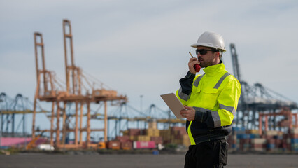Industrial engineer workers operations marine port cranes loading and unloading of cargo ships...