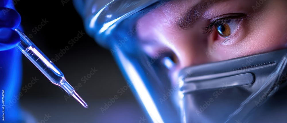 Poster close-up of a scientist in protective gear focused on a syringe, highlighting precision and innovati