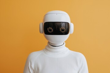 White humanoid robot showing digital eyes on orange background