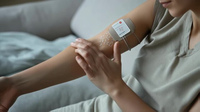 A wearable biosensor p on skin displaying realtime health data analytics for personalized medicine applications.