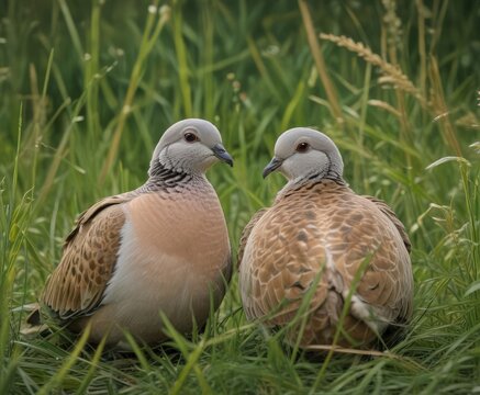 Intimate portrait of two turtle doves nestled in tall grass ,  natural,  birds,  gentle