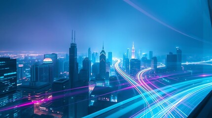 Fototapeta premium Futuristic Cyber City Night - Pink & Blue Light Trails
