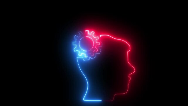 Glowing Neon Human Head with Gear Cog Brain Technology Concept