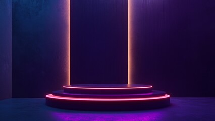 Empty podium in a dark room with pink neon lights