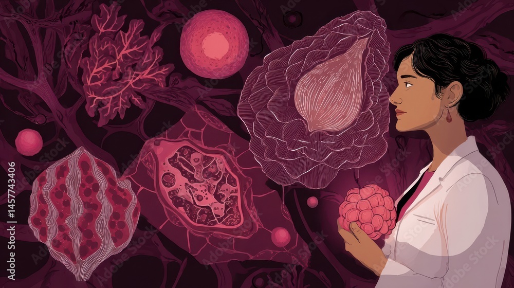Poster detailed illustration of various botanical structures with a scientist figure.