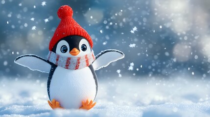 Adorable penguin in winter wonderland scene.