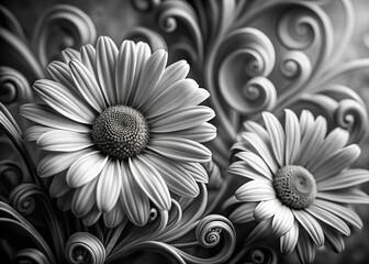 Macro Black and White Daisy Floral Swirl Pattern Stock Photo