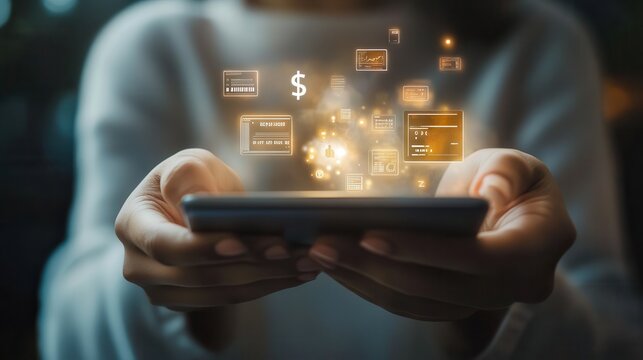 Digital Banking and Financial Technology Concept. A person presents digital banking and financial technology icons, and currency symbols, emphasizing modern online payment systems and e-commerce.