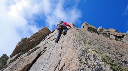 Rock climber ascending a granite cliff face under a blue sky with wispy clouds