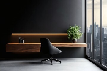 Modern workspace featuring wooden executive desk, leather chair, and decorative plant against moody black background

